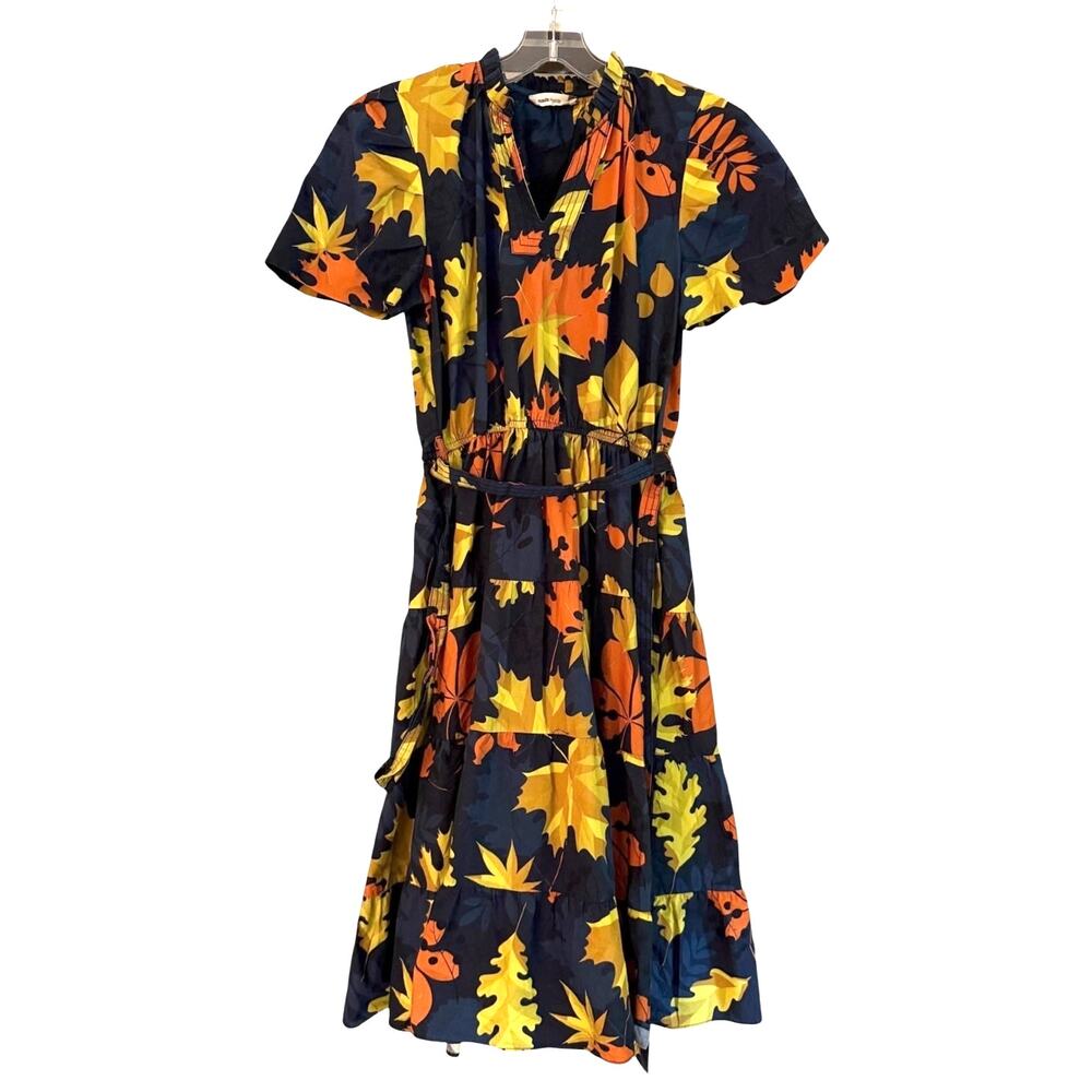 Maude Vivante Haley Midi Dress M Fall Leaves Belted Cotton Poplin Pockets - Picture 2 of 7